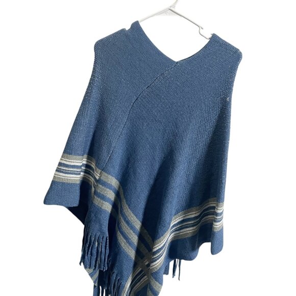 Nordstrom Rack Sweaters - Nordstrom Rack Blue Poncho Fringe Knit Striped Accents V-Neck One Size
